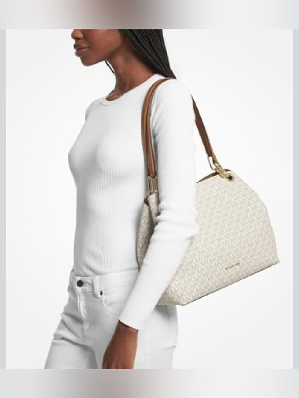 Michael Kors Cream Monogram Dome Shoulder Bag with Brown Straps